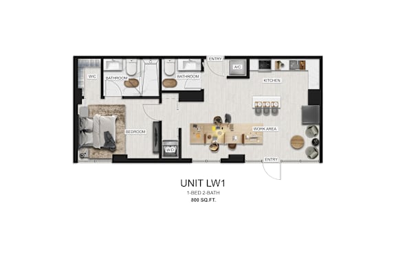 A floor plan of a one bedroom apartment with a living area, kitchen, and two bathrooms.