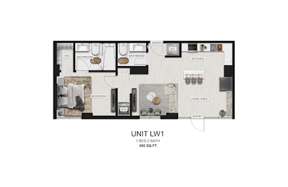 A diagram of a one bedroom apartment with a living area.