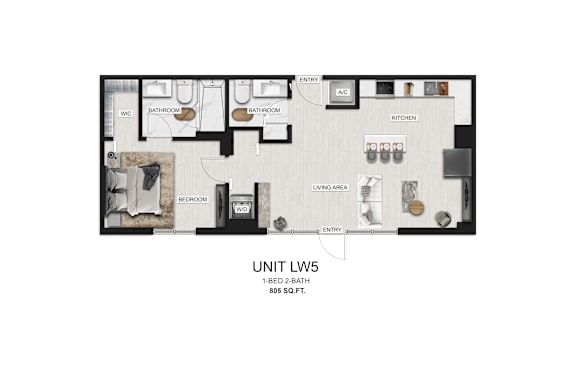 A floor plan of a one bedroom apartment with a bath.