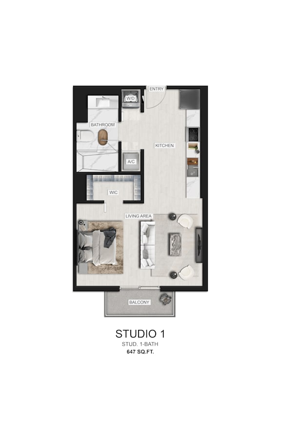 A floor plan of a studio apartment with a bathroom, kitchen, living area, and balcony.