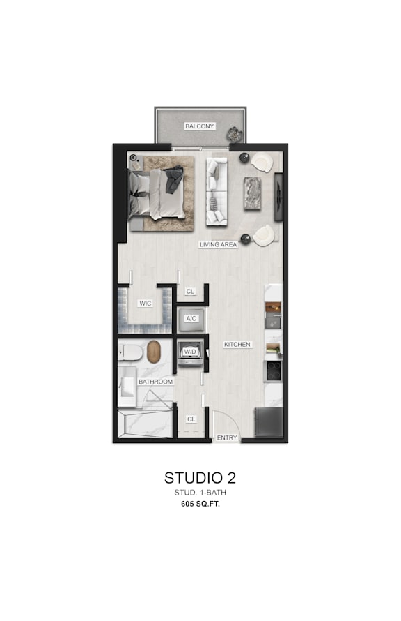 A floor plan of a studio apartment with a living room, kitchen, and bathroom.
