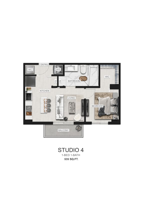 A floor plan of a studio apartment with a kitchen, living room, and bathroom.