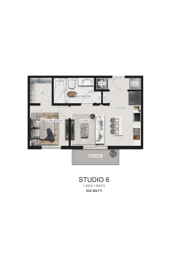 A floor plan of a studio apartment with a kitchen, living room, and bathroom.