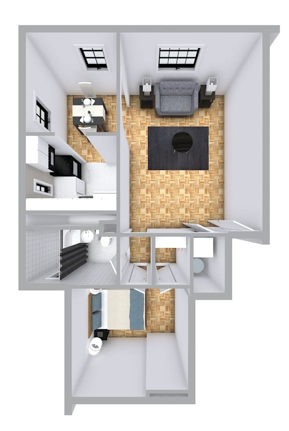 A 3D floor plan of a small apartment with a kitchen, living room, and bathroom.