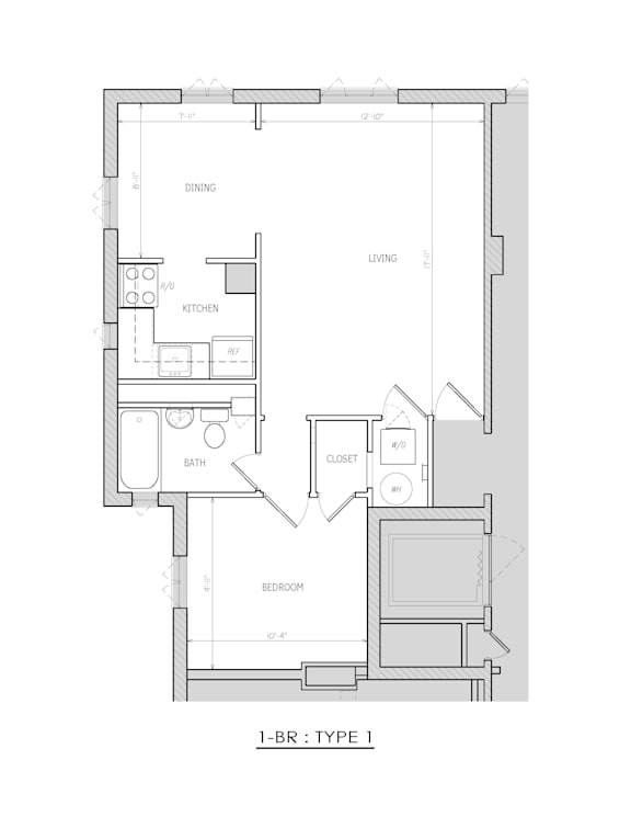 A floor plan of a one bedroom apartment with a kitchen and bathroom.