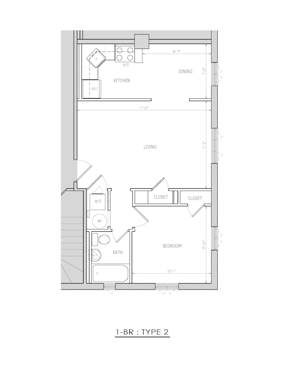 A floor plan of a 1-BR type 2 apartment.