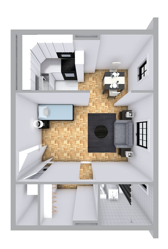 A 3D floor plan of a house with a kitchen, living room, and bathroom.