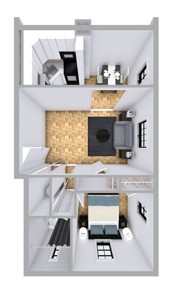 A 3D floor plan of a small apartment with a living room, kitchen, and bathroom.