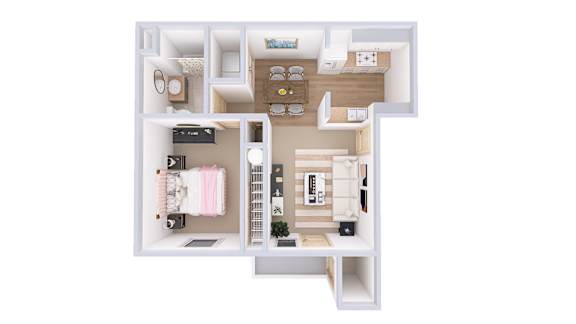 A white floor plan of a small apartment with a kitchen, living room, and bathroom.
