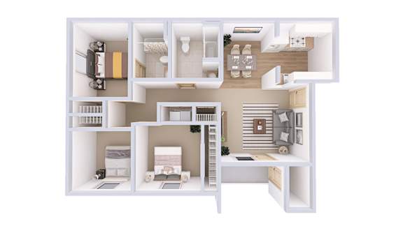 A white model of a house with various rooms and furniture.