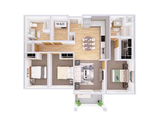 Glacier Floorplan Three-bedroom apartment floor plan at Kendrick Landing Apartments in Lakewood, WA