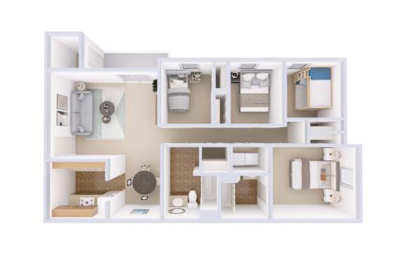 A white floor plan of a house with a kitchen, living room, and bathroom.