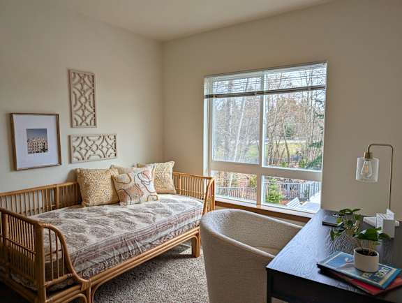 Furnished model bedroom at Ovation at Paine Field