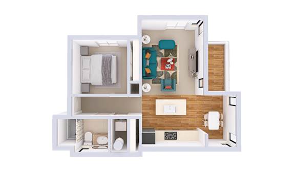 A floor plan of a small apartment with a kitchen, living room, and bathroom.