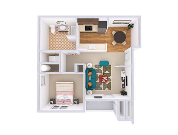 A top-down view of a small apartment with a kitchen, living room, and bedroom.