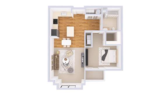 A floor plan of a house with a kitchen, living room, and two bedrooms.