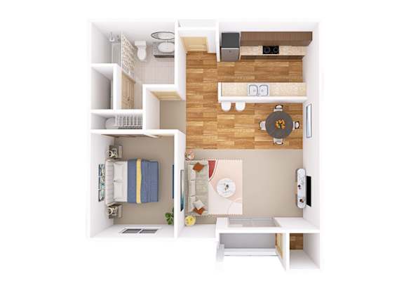 A top down view of a small apartment with a kitchen, living room, and bedroom.