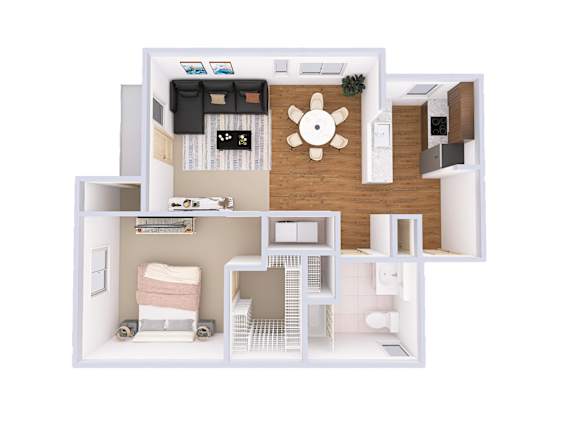 A top-down view of a small apartment with a kitchen, living room, and bathroom.