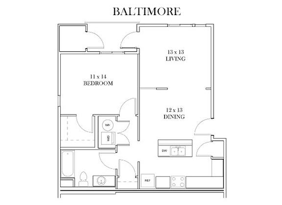 A floor plan of a Baltimore apartment with a living room, dining room, and bedroom.