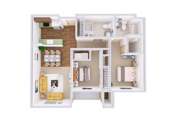 A top-down view of a small apartment layout with a kitchen, living room, and bathroom.