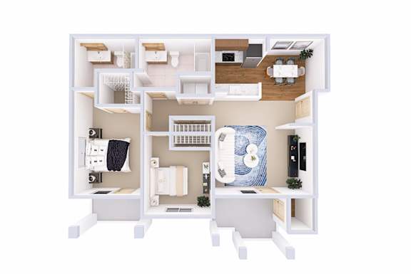 A white model of a house with a kitchen, living room, and bathroom.