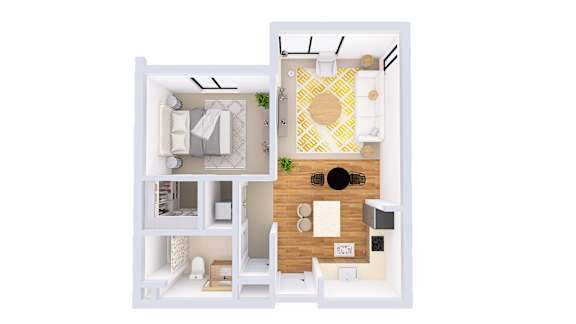 A white dollhouse with a yellow rug and a brown door.