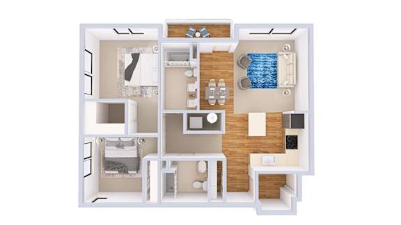 A 3D floor plan of a small apartment with a bedroom, living room, and kitchen.