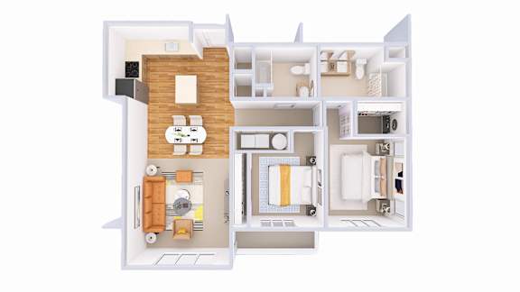 A 3D floor plan of a house showing a kitchen, living room, and two bedrooms.