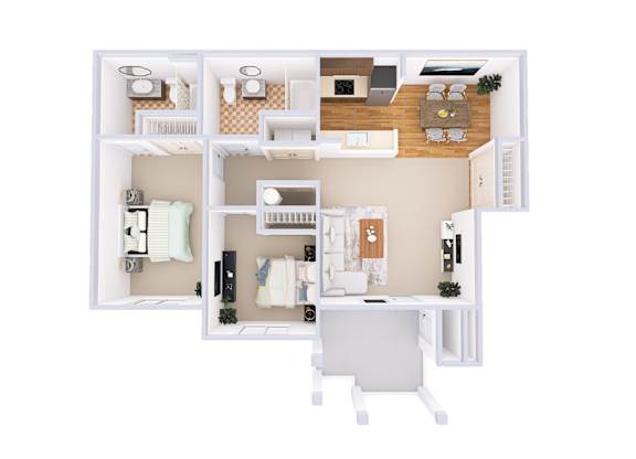 A top down view of a small apartment with a kitchen, living room, and two bedrooms.