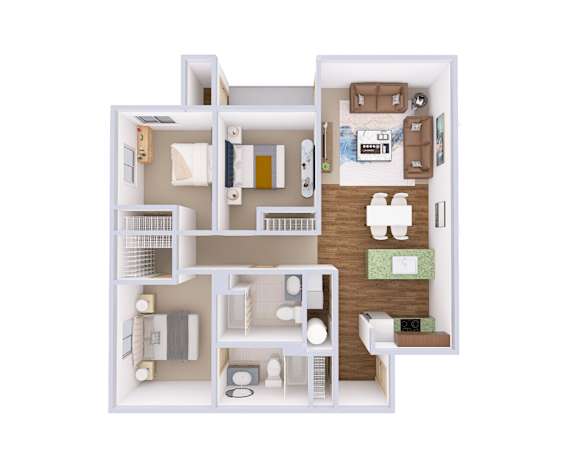 A 3D floor plan of a small apartment with a kitchen, living room, and bathroom.