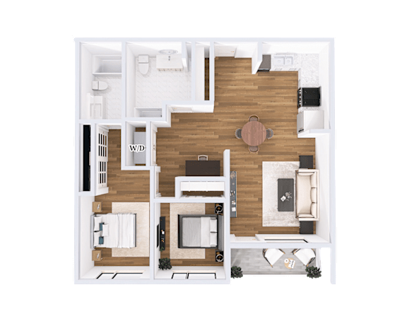 A top-down view of a living room with a couch, coffee table, and television.