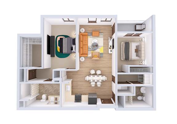 A 3D floor plan of a small apartment with a kitchen, living room, and bedroom.