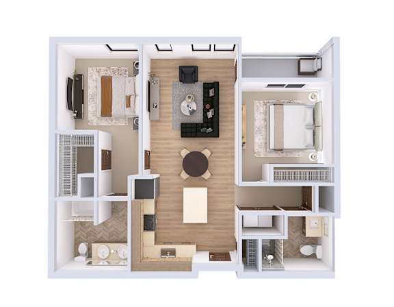 A top-down view of a small apartment layout with a kitchen, living room, and bedroom.
