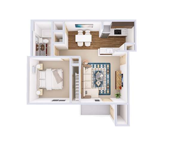 A top-down view of a small apartment with a kitchen, living room, and bathroom.