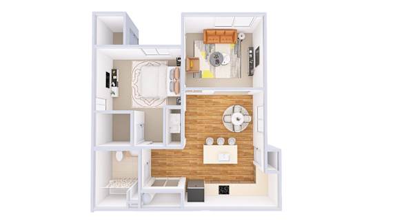 A floor plan of a small apartment with a kitchen, living room, and bathroom.
