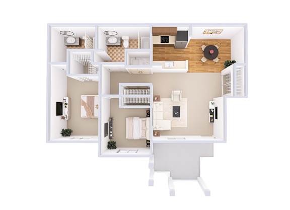A white floor plan of a house with a kitchen, living room, and bathroom.