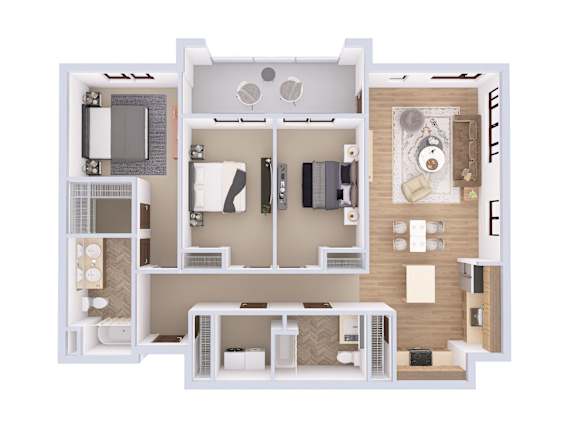 A 3D floor plan of a small apartment with a kitchen, living room, and bathroom.