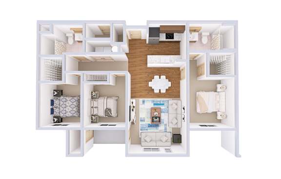 A white floor plan of a house with a kitchen, living room, and bathroom.