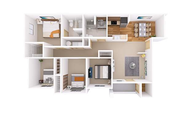 A 3D floor plan of a house showing a kitchen, living room, and bedrooms.