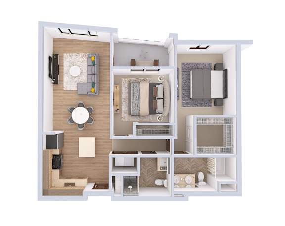A 3D floor plan of a small apartment with a kitchen, living room, and bathroom.