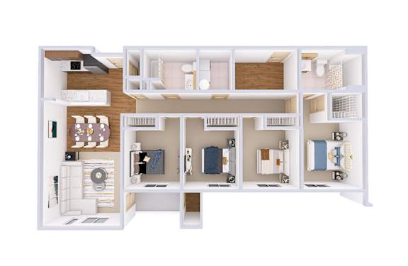 A white model of a house with various rooms and furniture.