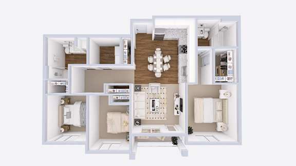 Floor Plan  A cutaway view of a house showing the interior of a kitchen, living room, and bathroom.