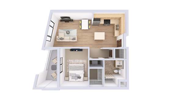 A white model of a house with a living room, kitchen, and bedrooms.