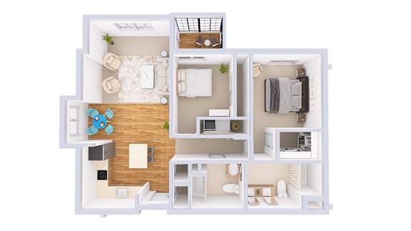 A 3D floor plan of a small apartment with a kitchen, living room, and bedroom.