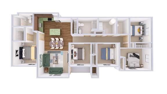 A 3D floor plan of a house with a kitchen, living room, and bedrooms.