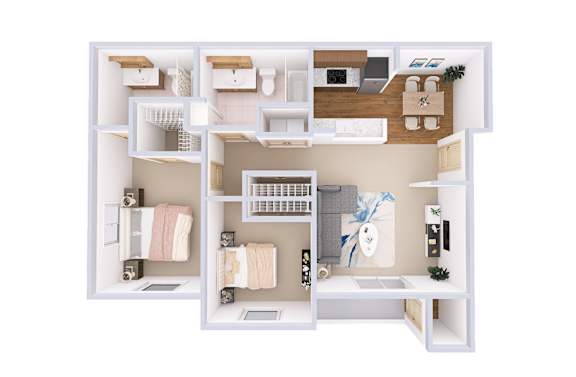 A top-down view of a small apartment with a kitchen, living room, and bathroom.