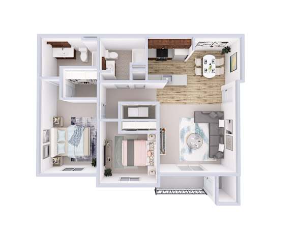A top-down view of a small apartment with a kitchen, living room, and bathroom.