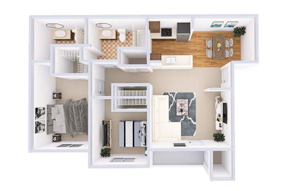 A white dollhouse with a kitchen, living room, and bedroom.