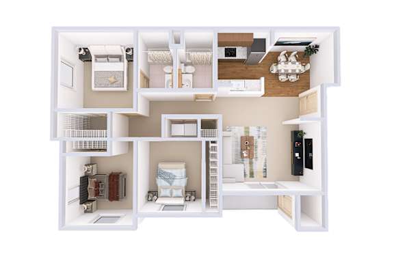 A white model of a house with various rooms and furniture.