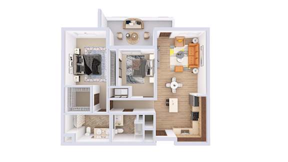 A 3D floor plan of a small apartment with a kitchen, living room, and bathroom.